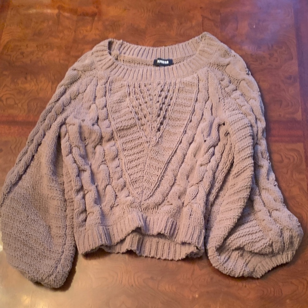 Express Taupe/Grey Chenille Cable-Knit Balloon-Sleeve Crewneck Sweater